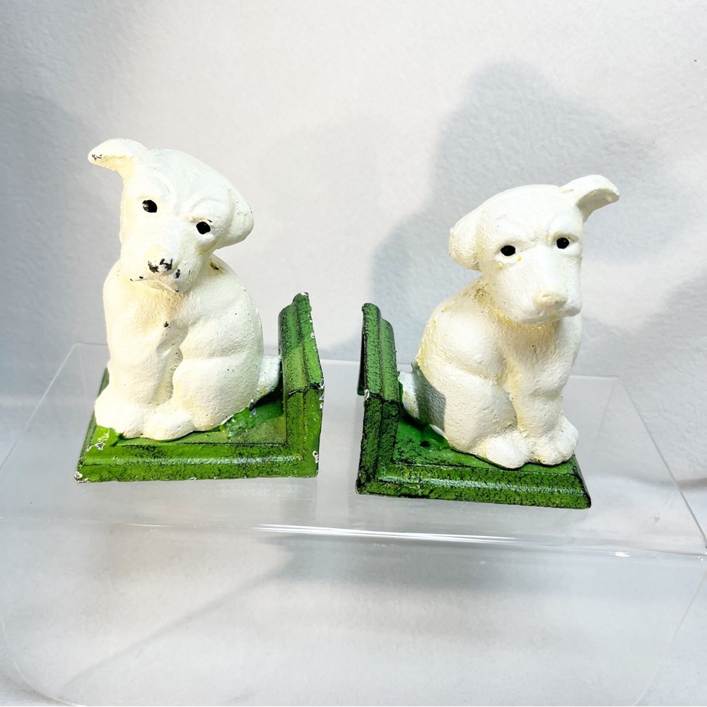 Vintage Cast Iron Bulldog Jack Russell ? Puppy Bookends CUTE! White Puppy Dog